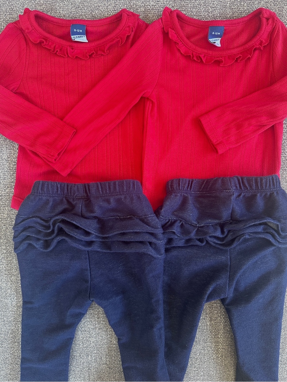 Twin baby girls outfits | ruffle pointelle tops denim ruffle butt leggings
